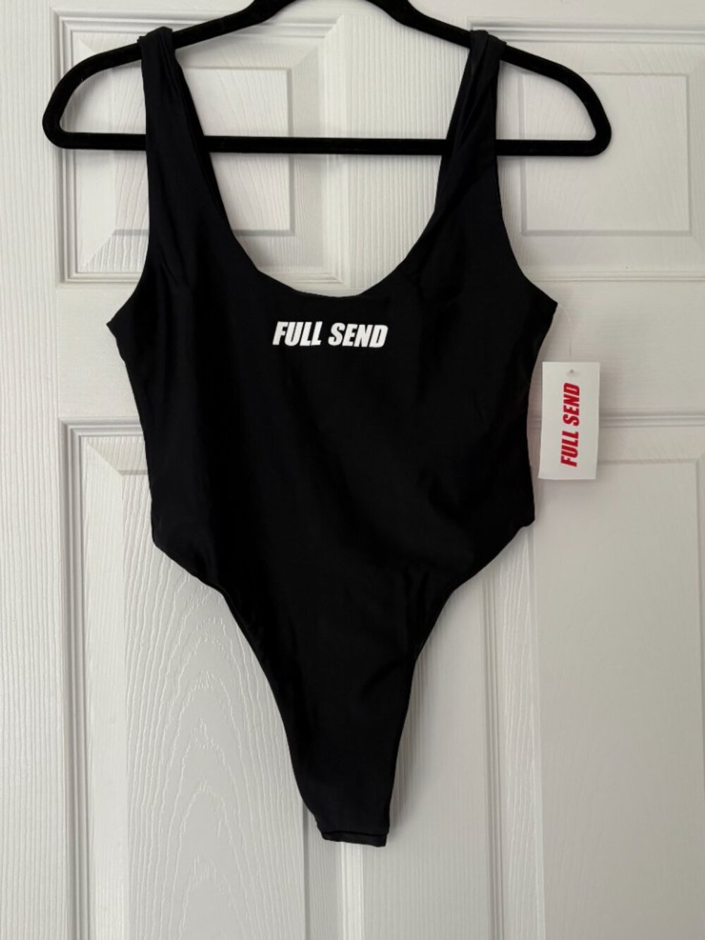 FULL SEND Women's One-Piece Black Swimsuit High-Cut Cheeky Nelk Boys Medium